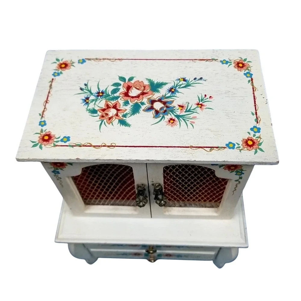 Rare! Vtg Toyo Hand Painted Floral Musical Jewelry Box Armoire Wood 2 Drawer‎
